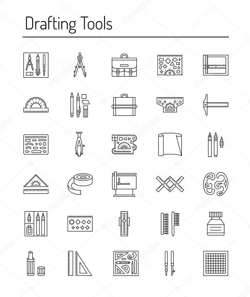 Drafting tools icon collection. Engineering drawing. Line icons set. Drafting kit, ruler, drawing board, protractor, tape, mechanical pencil, ink, divider, compass. Draftsman toolkit. Vector illustration.