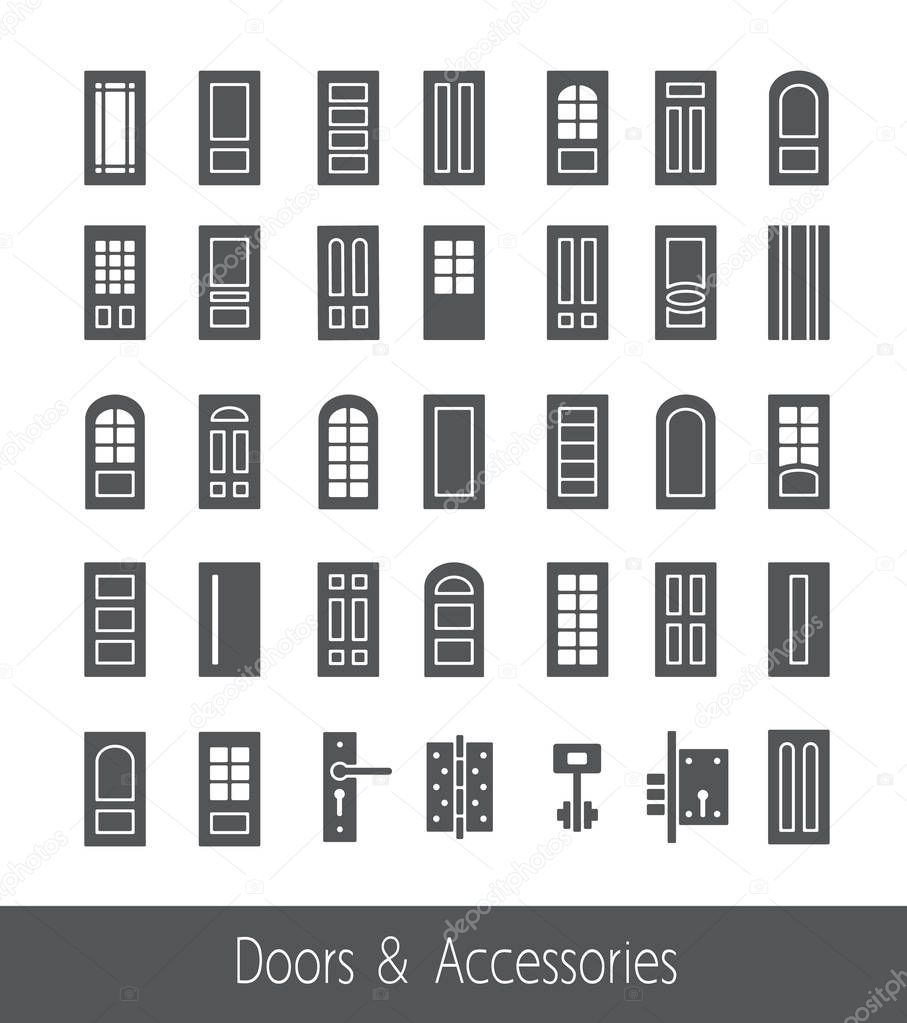 French, arch, glass doors and hardware. Line icon collection. Architecture elements. 