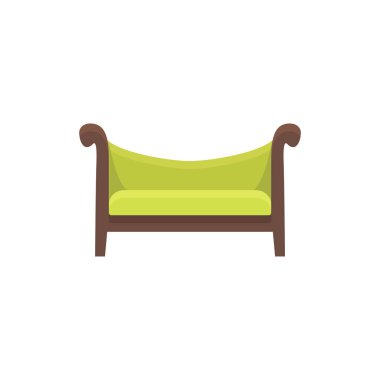 Deve arka koltuk. Vektör çizim. Yeşil ahşap kanepe düz simgesi. Modern ev ve ofis mobilya unsuru. Önden görünüm.