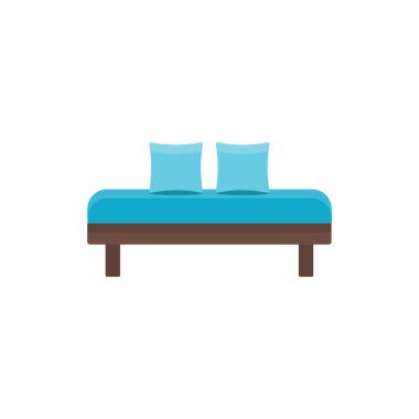 Mavi daybed yastık ile. Rahat kanepe. Vektör çizim. Kanepe düz simgesi. Modern ev ve ofis mobilya unsuru. Önden görünüm.