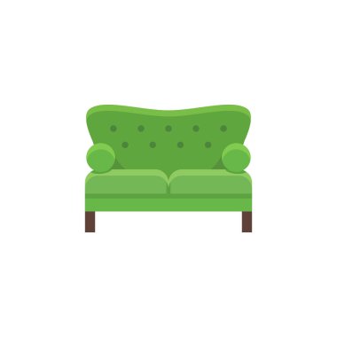Yeşil loveseat. Çift kişilik kanepe. Vektör çizim. Kanepe düz simgesi. Modern ev ve ofis mobilya unsuru. Önden görünüm.