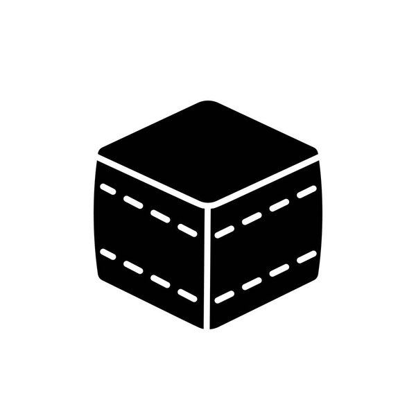 Black & white vector illustration of cube fabric ottoman, pouf. Flat icon of accent stool or chair. Living room, bedroom & patio furniture. Isolated object on white background. 