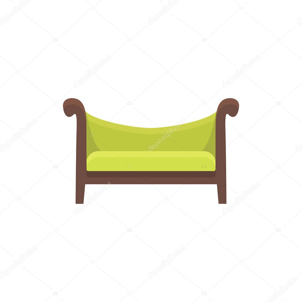Camel back sofa. Vector illustration. Flat icon of green wooden settee. Element of modern home & office furniture. Front view.