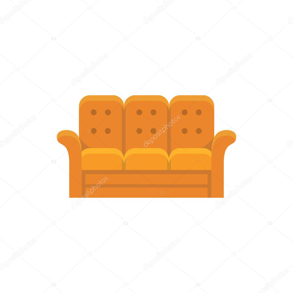 Orange recliner. 3 seaters sofa. Vector illustration. Flat icon of settee. Element of modern home & office furniture. Front view.