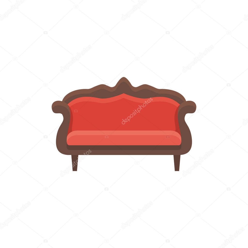 Retro camelback sofa. Vector illustration. Flat icon of red wooden settee. Element of vintage home & office furniture. Front view.