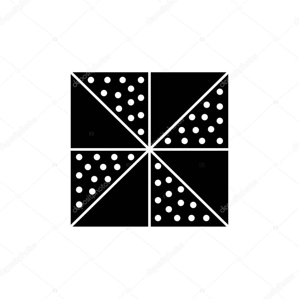 Black & white vector illustration of 4 patch quilt pattern. Line icon of quilting & patchwork geometric design template. Isolated object on white background. 