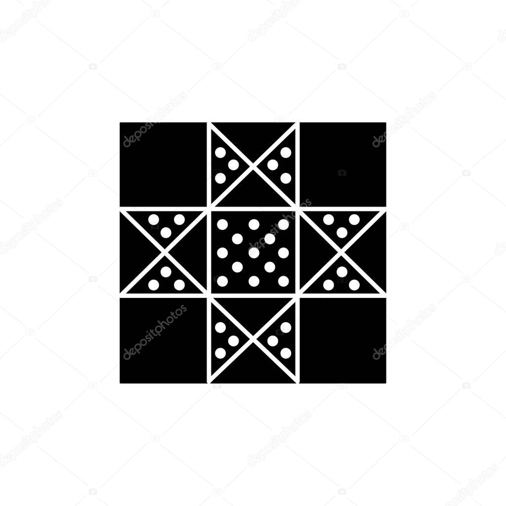 Black & white vector illustration of lone star quilt pattern. Flat icon of quilting & patchwork geometric design template. Isolated object on white background. 