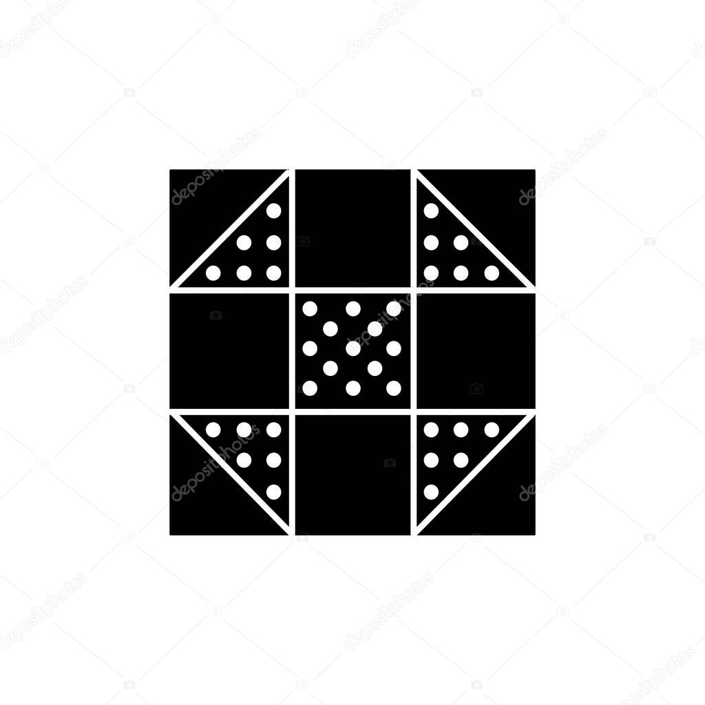 Black & white vector illustration of churn dash quilt pattern. Flat icon of quilting & patchwork geometric design template. Isolated object on white background. 