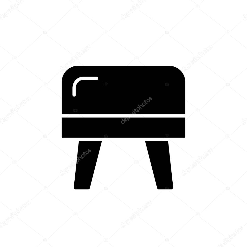 Black & white vector illustration of cube leather ottoman, pouf. Flat icon of accent stool or chair. Living room, bedroom & patio furniture. Isolated object on white background. 
