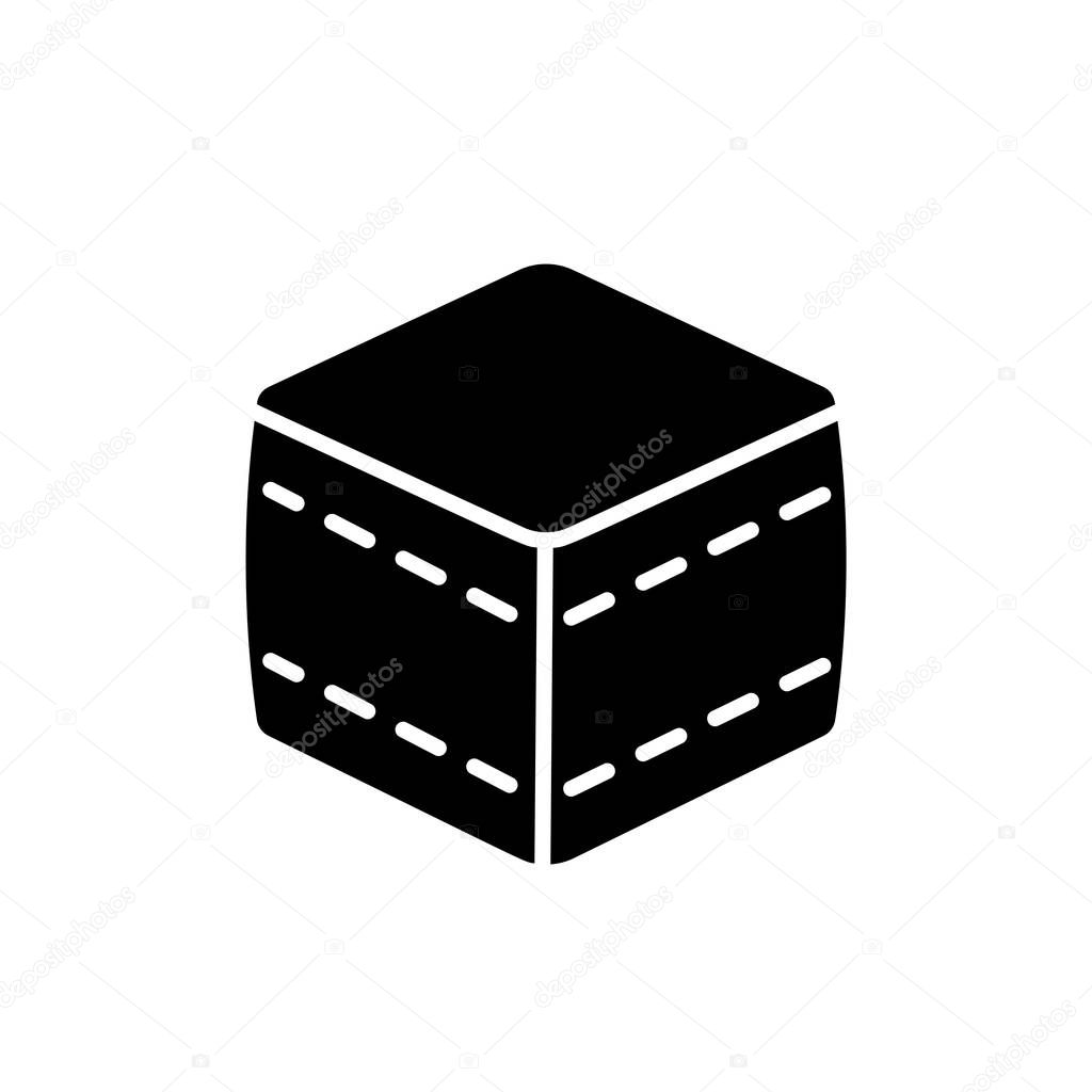 Black & white vector illustration of cube fabric ottoman, pouf. Flat icon of accent stool or chair. Living room, bedroom & patio furniture. Isolated object on white background. 