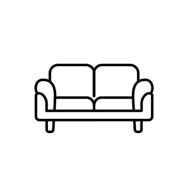 Siyah ve beyaz vektör Illustration loveseat. Çift kişilik kanepe. Kanepe satırı simgesi. Modern ev ve ofis mobilya. Beyaz arka plan üzerinde izole nesne
