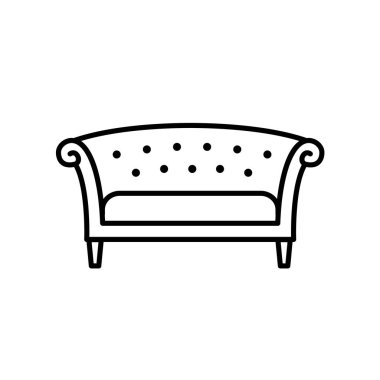 Siyah ve beyaz vektör çizim chesterfiels kanepe. Kanepe satırı simgesi. Vintage ev ve ofis mobilyaları. Beyaz arka plan üzerinde izole nesne