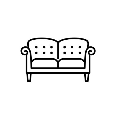 Siyah ve beyaz vektör Illustration İngilizce çift kişilik kanepe. Kanepe satırı simgesi. Modern ev ve ofis mobilya. Beyaz arka plan üzerinde izole nesne