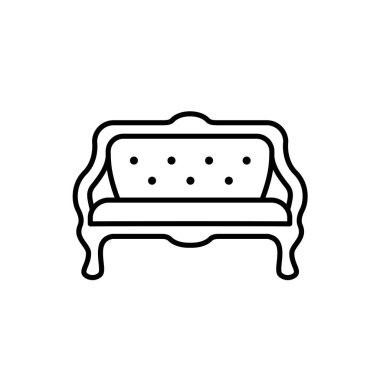 Siyah ve beyaz vektör Illustration yastıklı tezgah. Vintage kanepe ve satırı simgesi. Retro mobilya. Beyaz arka plan üzerinde izole nesne