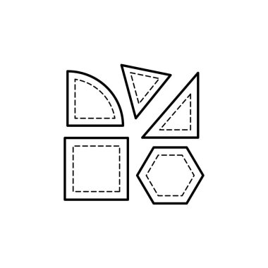 Kesim kumaş için şablonlar kapitone, siyah ve beyaz vektör çizim. Patchwork aksesuar satırı simgesi. Üçgen, kare ve çeyrek yuvarlak şablonlar. Beyaz arka plan üzerinde izole nesneleri. 