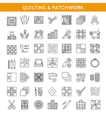 Kapitone ve patchwork. Malzemeleri ve dikiş aksesuarları yorgan kumaş kareler ve blok. Farklı araçları, desenleri quilters için. Vektör hat Icon set. Beyaz arka plan üzerinde izole nesneleri.