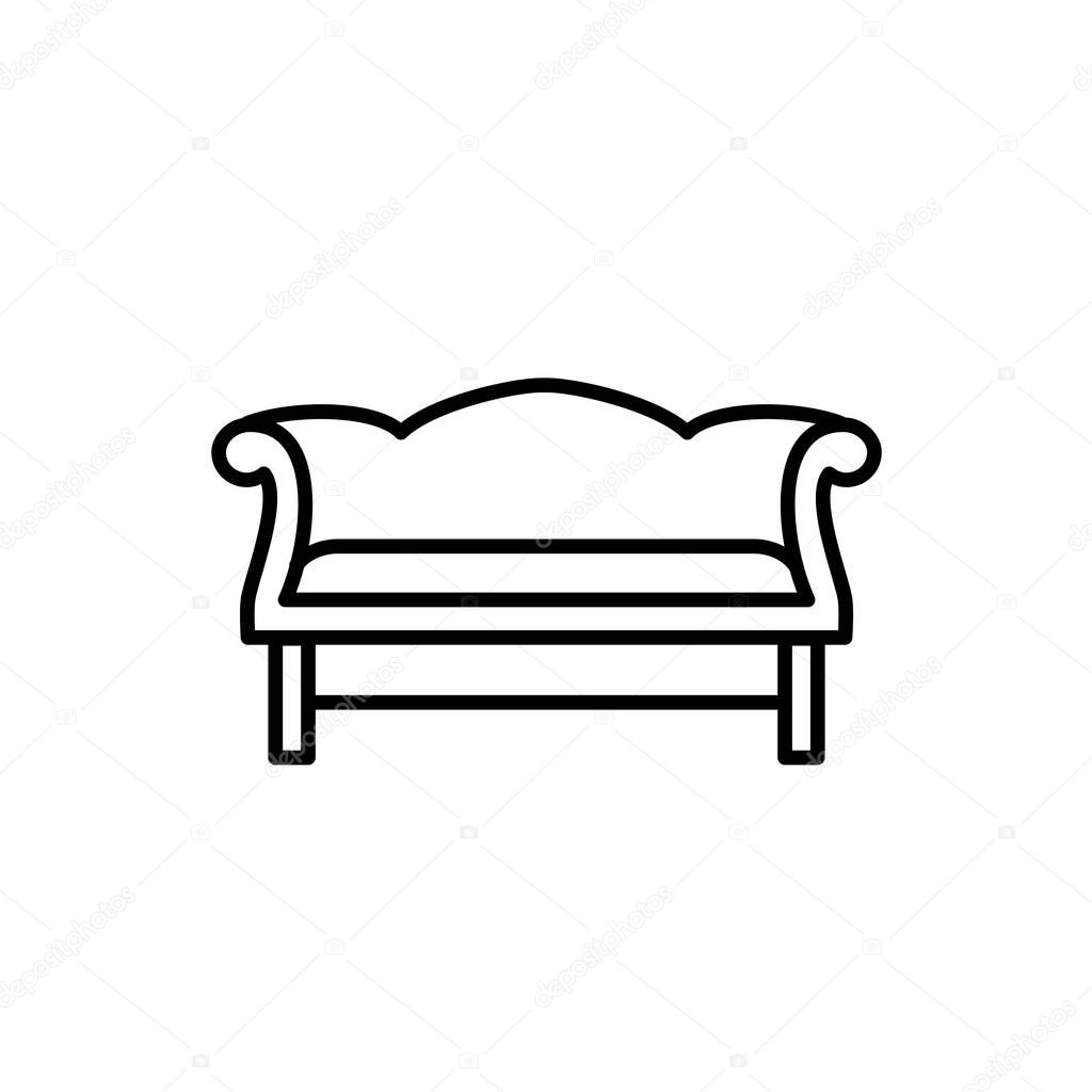 Black & white vector illustration of camelback sofa. Line icon of settee. Vintage home & office furniture. Isolated object on white background