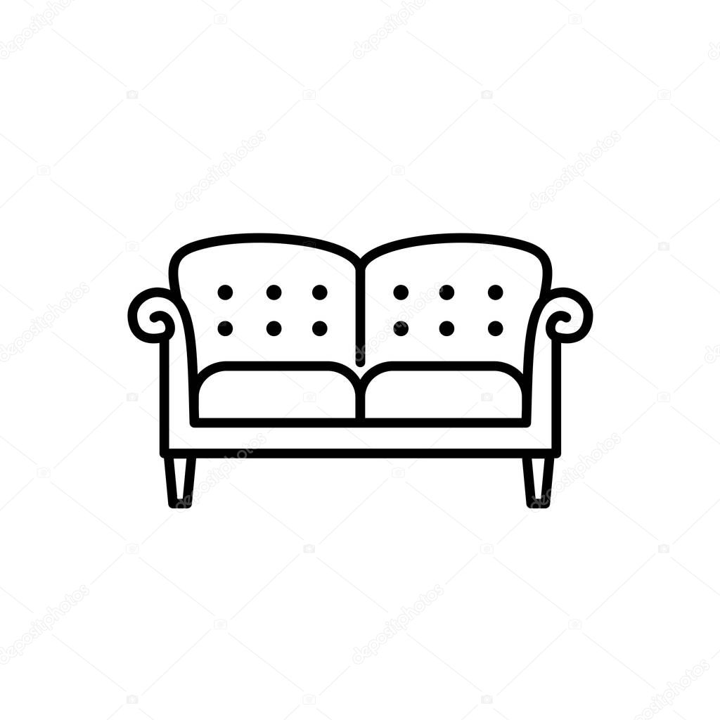 Black & white vector illustration of english double sofa. Line icon of settee. Modern home & office furniture. Isolated object on white background