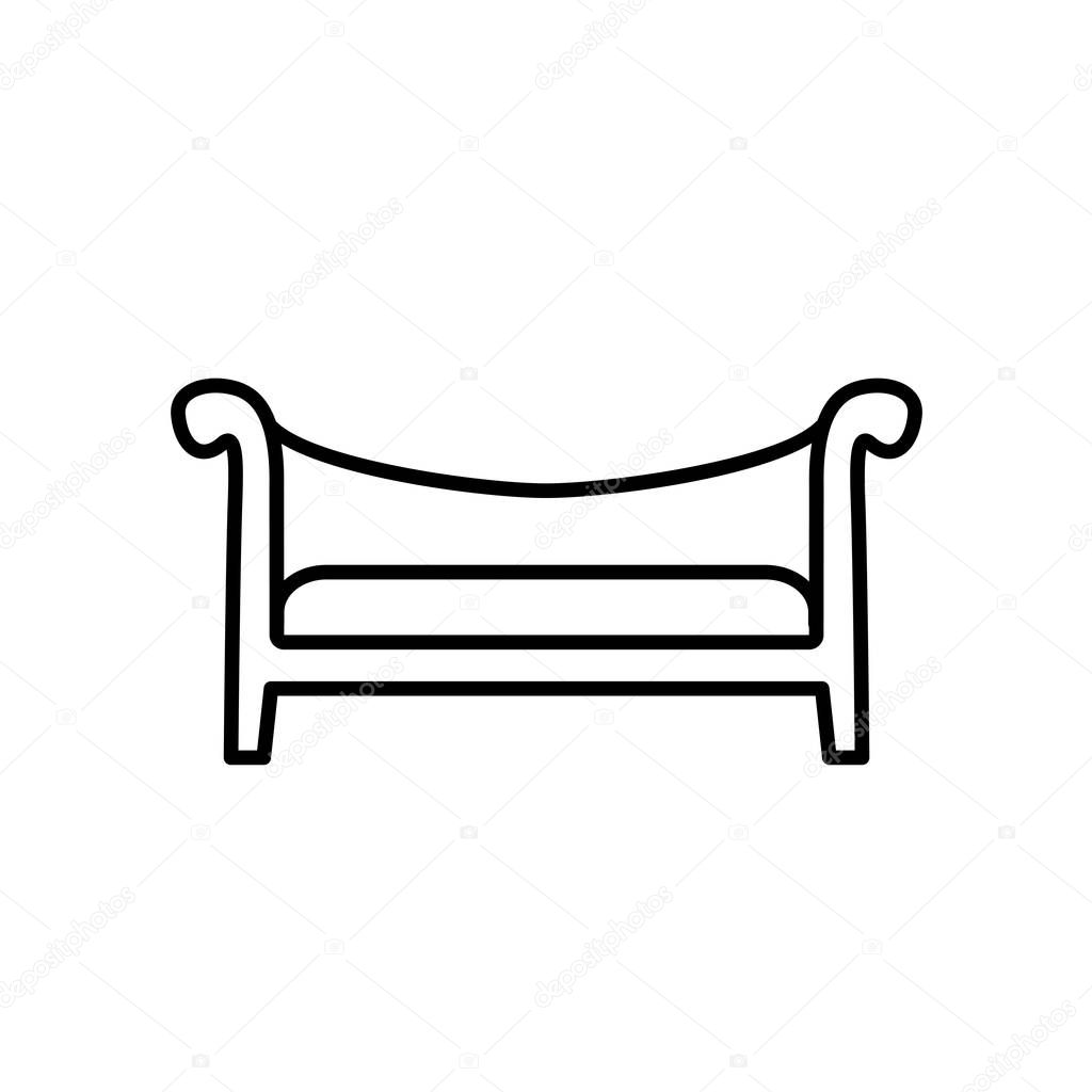 Black & white vector illustration of camel back sofa. Line icon of vintage wooden settee. Retro home & office furniture. Isolated object on white background