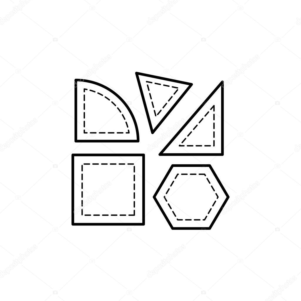 Black & white vector illustration of quilting templates for cutting fabric. Line icon of patchwork accessories. Triangle, square & quarter round stencils. Isolated objects on white background. 