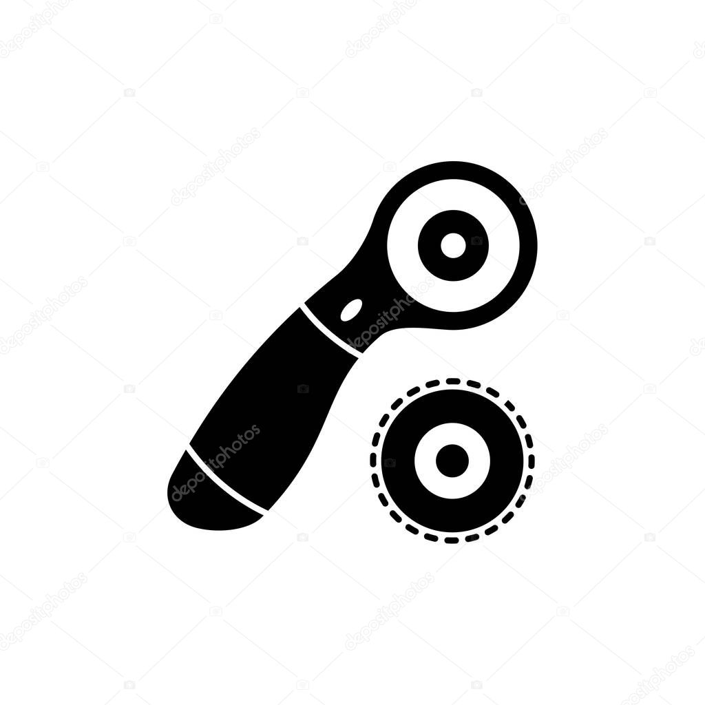 Black & white vector illustration of rotary cutter & blade. Flat icon of quilting instrument. Patchwork tool for quilters to cut fabric. Isolated object on white background. 