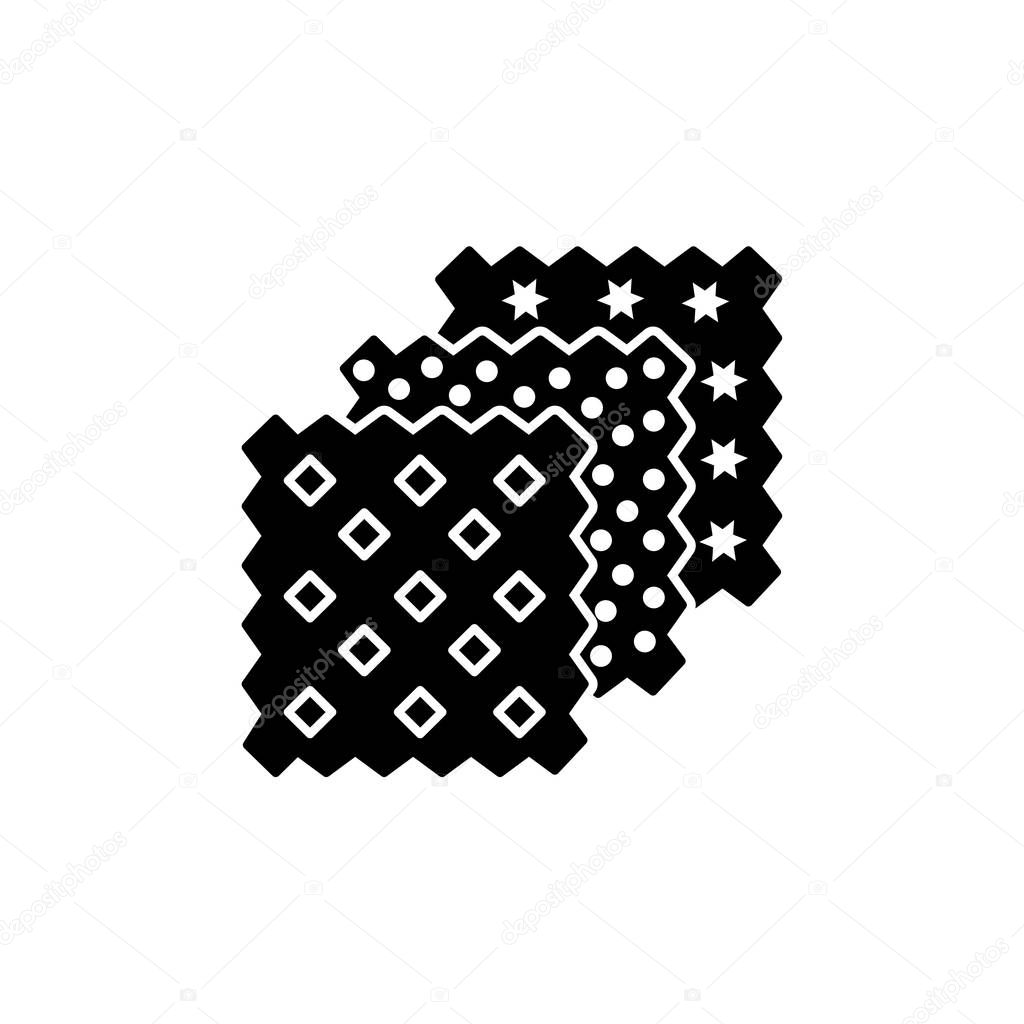 Black & white vector illustration of precut quilt squares with different patterns. Flat icon of quilting fabric bundle. Patchwork & sewing materials. Isolated objects on white background. 