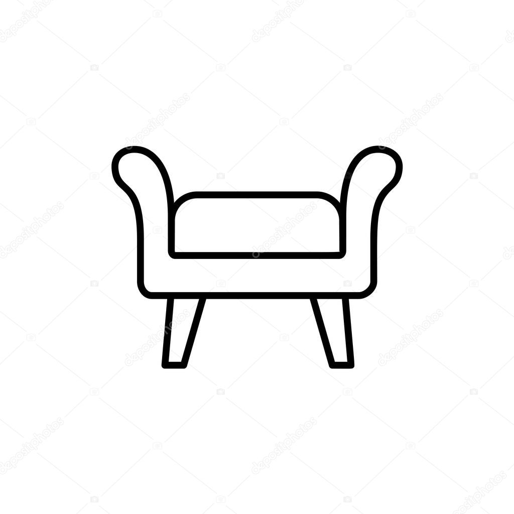 Black & white vector illustration of fabric ottoman, pouf. Line icon of accent stool or chair. Living room, bedroom & patio furniture. Isolated object on white background. 