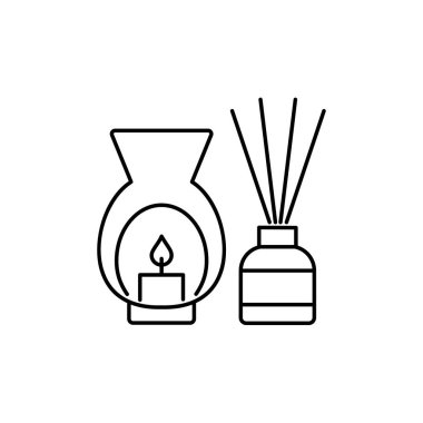 Dekoratif burner mum ve reed difüzör ile siyah ve beyaz vektör Illustration. Aromaterapi öğesinin satırı simgesi. Ev dekor öğeleri. Beyaz arka plan üzerinde izole nesneleri. 