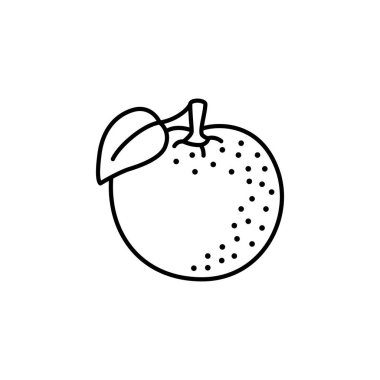 Siyah ve beyaz vektör çizim yaprak ile organik turuncu meyve. Taze limon satırı simgesi. Vejetaryen ve vegan gıda. Sağlık beslenme madde. Beyaz arka plan üzerinde izole nesne. Önden görünüm.
