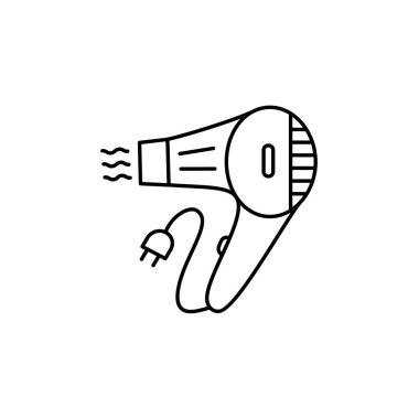 Siyah ve beyaz vektör Illustration el saç kurutma makinesi. Fön güzel saç modeli oluşturmak için satırı simgesi. Güzellik salonları, stilistler ve Kuaförler için araçlar. Beyaz arka plan üzerinde izole nesne