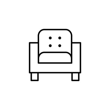 Siyah ve beyaz vektör çizim modern sorguçlu koltuk. Kol sandalye koltuk satırı simgesi. Oturma odası ve yatak odası için mobilya döşeme. Beyaz arka plan üzerinde izole nesne 