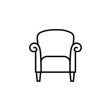 Siyah ve beyaz vektör Illustration retro tarzı koltuk yüksek sırt ile. Vintage kol sandalye koltuk satırı simgesi. Oturma odası ve yatak odası için mobilya döşeme. Beyaz arka plan üzerinde izole nesne 