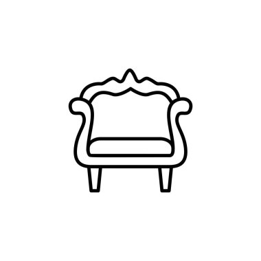 Dekoratif yüksek geri vintage ahşap tekli siyah ve beyaz vektör Illustration. Kol sandalye koltuk satırı simgesi. Oturma odası ve yatak odası için mobilya döşeme. Beyaz arka plan üzerinde izole nesne 