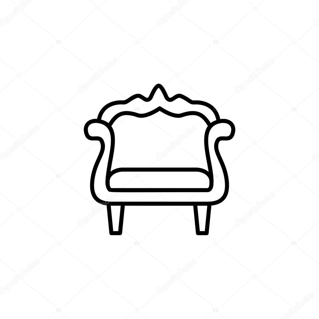 Black White Vector Illustration Of Vintage Wooden Armchair With Decorative High Back Line Icon Of Arm Chair Seat Upholstery Furniture For Living Room Bedroom Isolated Object On White Background