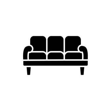 Siyah ve beyaz vektör çizim 3 koltuklu koltuk. Kanepe düz simgesi. Modern ev ve ofis mobilya. Beyaz arka plan üzerinde izole nesne