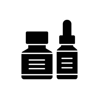 Hat mürekkep şişesi içinde siyah ve beyaz vektör Illustration. El yazısı ve yazı için maddenin düz simgesi. Dekoratif vintage harfler çizmek için kırtasiye malzemeleri. Beyaz arka plan üzerinde izole nesne