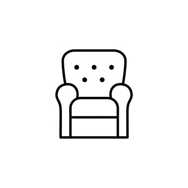 Siyah ve beyaz vektör çizim vintage koltuk yüksek sırt ile tufted. Kol sandalye koltuk satırı simgesi. Oturma odası ve yatak odası için mobilya döşeme. Beyaz arka plan üzerinde izole nesne 