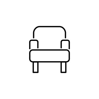 Siyah ve beyaz vektör çizim rahat basit koltuk. Modern kol sandalye koltuk satırı simgesi. Döşeme ev ve ofis mobilyaları. Beyaz arka plan üzerinde izole nesne 