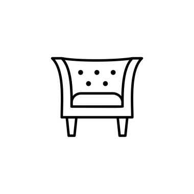 Siyah ve beyaz vektör Illustration vintage deri koltuk yüksek sırt ile. Kol sandalye koltuk satırı simgesi. Oturma odası ve yatak odası için mobilya döşeme. Beyaz arka plan üzerinde izole nesne 