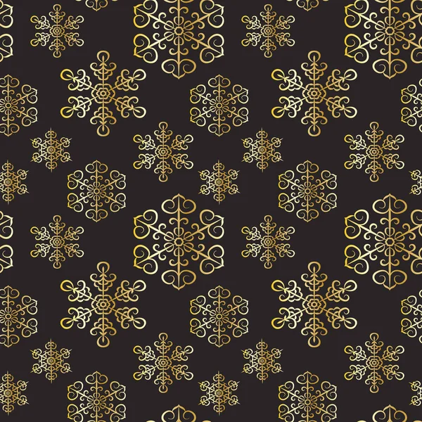 Winter Seamless Pattern Golden Snowflakes Black Background Endless Ornament Gold — Stock Vector