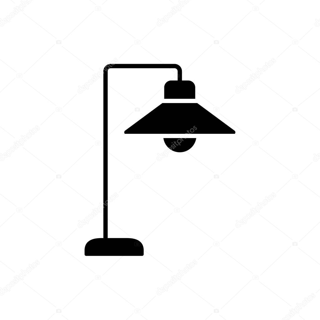 Black & white vector illustration of industrial table lamp. Flat icon of modern desk light fixture. Home & office illumination. Isolated object on white background