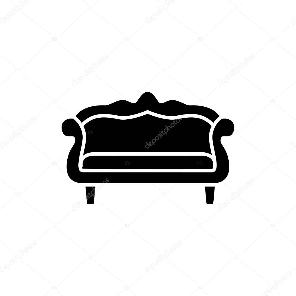 Black & white vector illustration of camelback sofa. Flat icon of settee. Vintage home & office furniture. Isolated object on white background