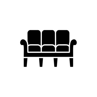 Siyah ve beyaz vektör çizim 3 koltuklu koltuk. Kanepe düz simgesi. Modern ev ve ofis mobilya. Beyaz arka plan üzerinde izole nesne