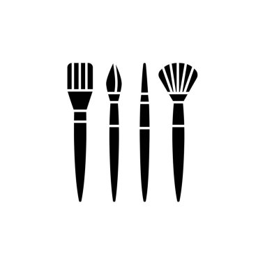 Siyah ve beyaz vektör Illustration farklı boya fırçaları. Yuvarlak, düz, fan ve de fırçaları düz simgesi. Resim ve el sanatları için sanatsal araçlar. Beyaz arka plan üzerinde izole nesneleri. 