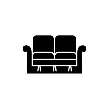 Black & white vector illustration of loveseat. Double sofa. Flat icon of settee. Element of modern home & office furniture. Isolated object on white background clipart