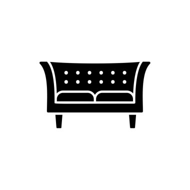 Siyah ve beyaz vektör Illustration smokin kanepe. Modern chesterfield. Kanepe düz simgesi. Ev ve ofis mobilyaları. Beyaz arka plan üzerinde izole nesne