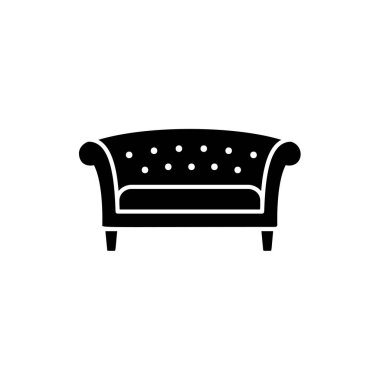 Black & white vector illustration of chesterfield sofa. Flat icon of settee. Vintage home & office furniture. Isolated object on white background clipart