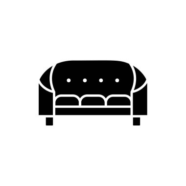 Cabriole siyah ve beyaz vektör Illustration. Püsküllü vintage kanepe. Kanepe düz simgesi. Retro ev ve ofis mobilyaları. Beyaz arka plan üzerinde izole nesne