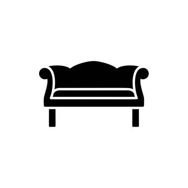 Black & white vector illustration of camelback sofa. Flat icon of settee. Vintage home & office furniture. Isolated object on white background clipart