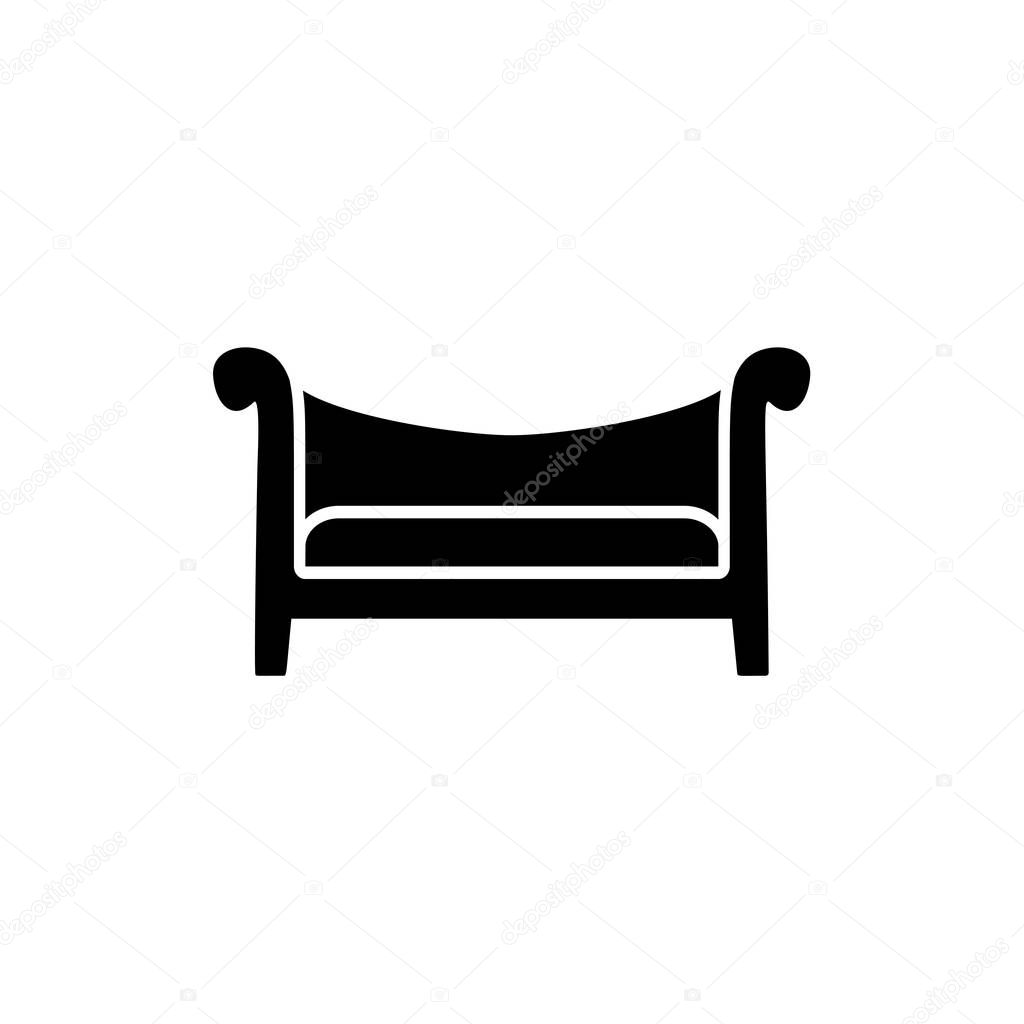 Black & white vector illustration of camel back sofa. Flat icon of vintage wooden settee. Retro home & office furniture. Isolated object on white background